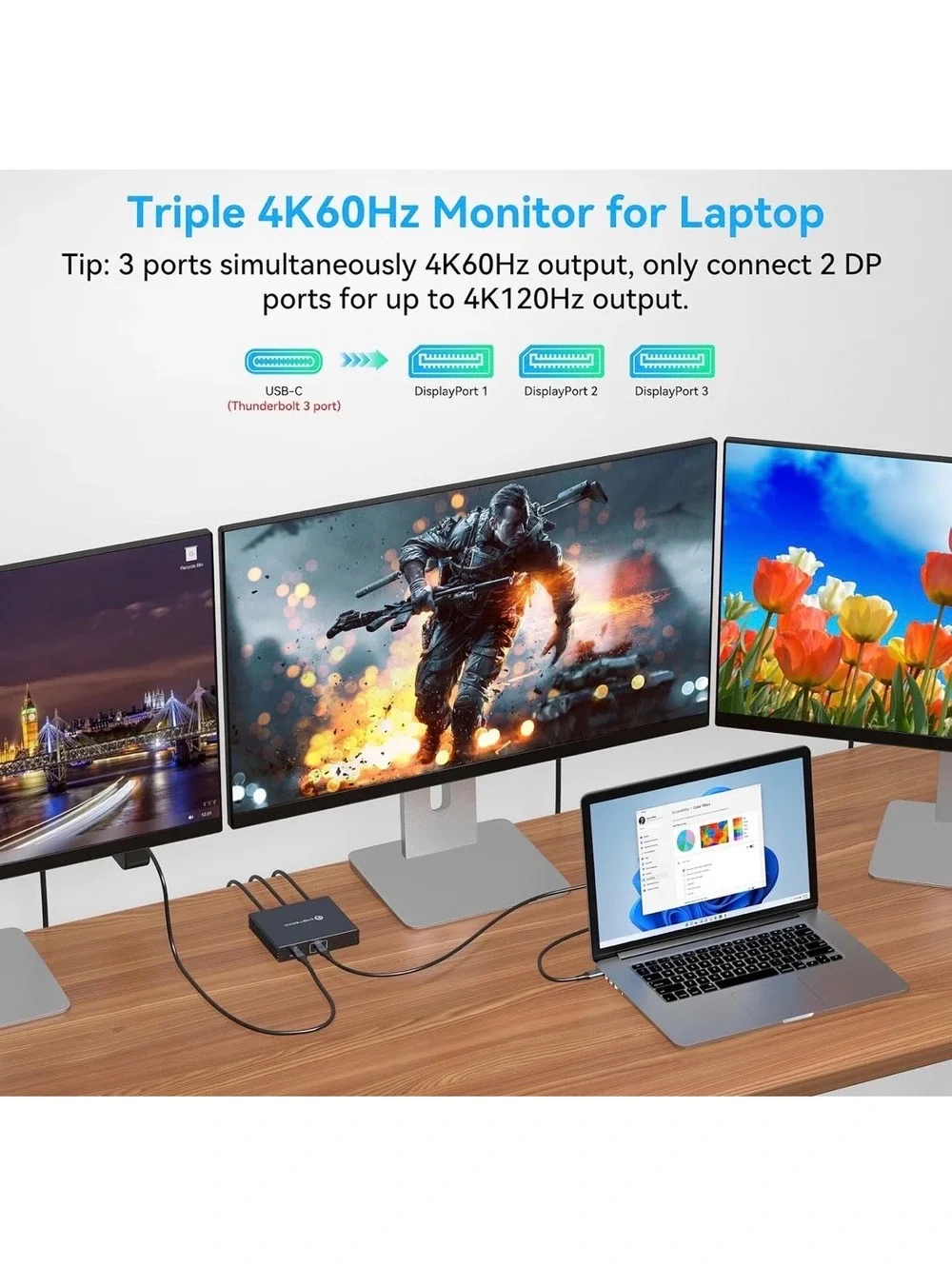 USB-C to Triple DisplayPort 4K 60Hz MST Splitter Adapter with 100W PD